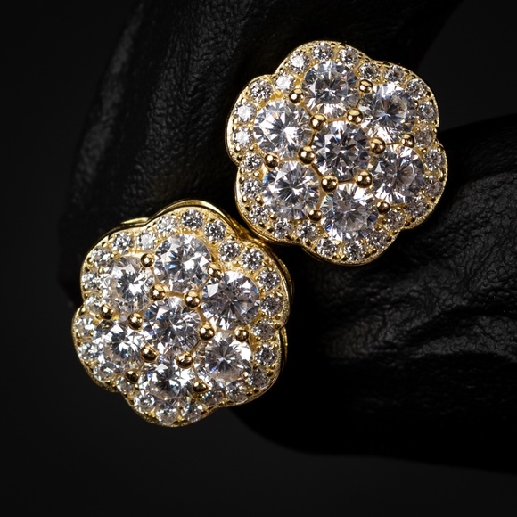 Men's Large Hip Hop Yellow Gold Sterling Silver Flower Cluster  Stud Earrings - Picture 1 of 5